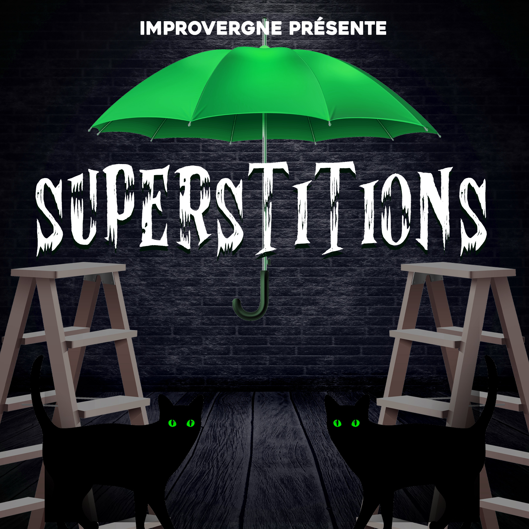 SUPERSTITIONS- Improvergne à La Puce a L'Oreille - Carré nom copie Un chat noir, passer sous une échelle, mettre le pain à l'envers, briser un miroir...pourquoi tout cela porte malheur ? </p>
<p>Trinquer en se regardant dans les yeux, toucher du bois, voir une coccinelle s'envoler...pourquoi tout cela porte bonheur ?</p>
<p>Grâce aux idées du public et à l'imagination sans fin de nos improvisateurs, nous allons nous amuser, explorer, réinventer ces superstitions...et les vivre pleinement !<br />
Et toi, tu es superstitieux ?