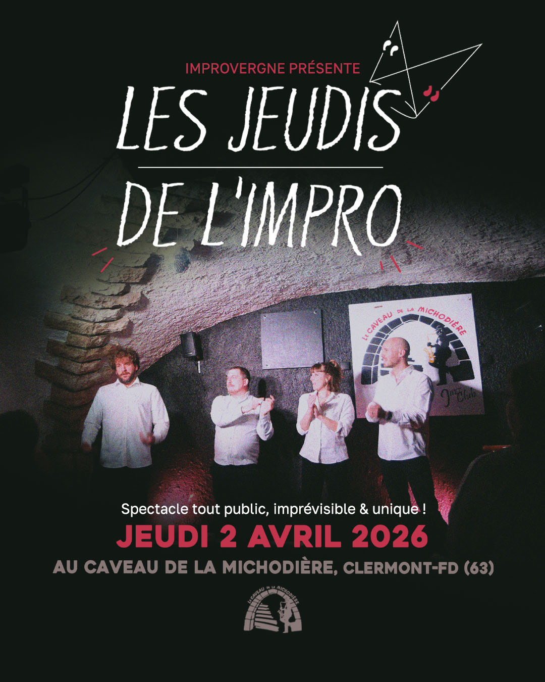 Un chat noir, passer sous une échelle, mettre le pain à l'envers, briser un miroir...pourquoi tout cela porte malheur ?</p>
<p>Trinquer en se regardant dans les yeux, toucher du bois, voir une coccinelle s'envoler...pourquoi tout cela porte bonheur ?</p>
<p>Grâce aux idées du public et à l'imagination sans fin de nos improvisateurs, nous allons nous amuser, explorer, réinventer ces superstitions...et les vivre pleinement !<br />
Et toi, tu es superstitieux ?